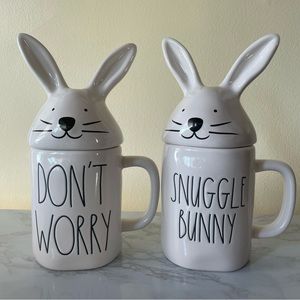 Rae Dunn Collectible Set two 2 Easter bunny shape spring mugs ceramic mug white